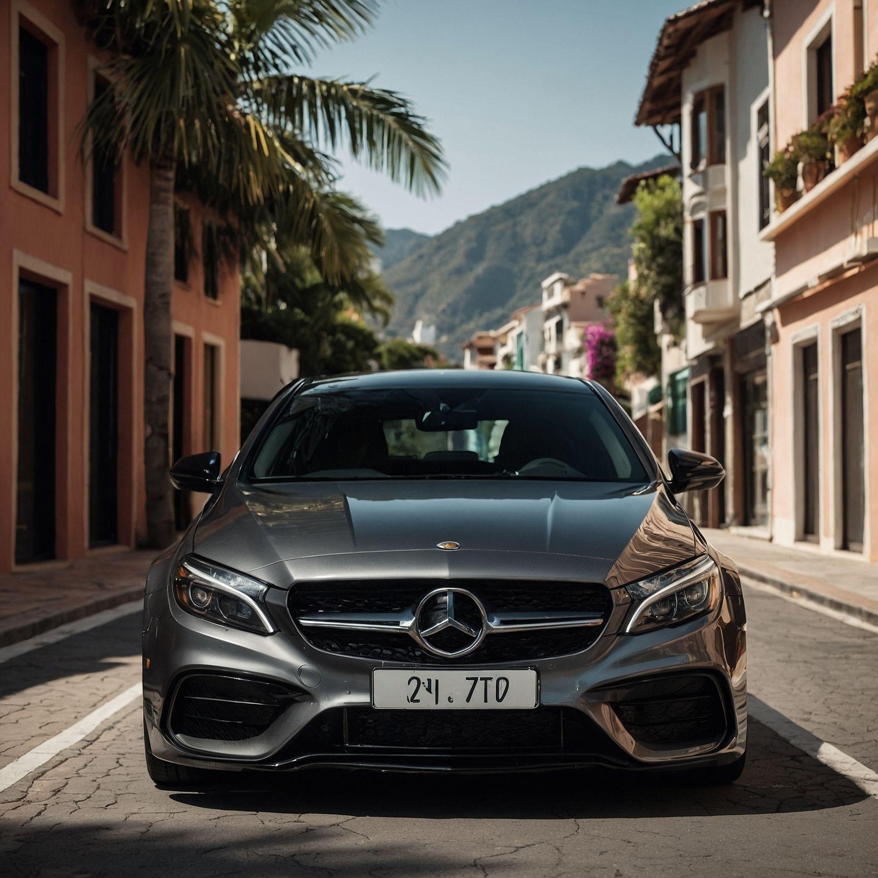 Silver Mercedes car parked on a cobblestone street lined with colorful buildings and palm trees.