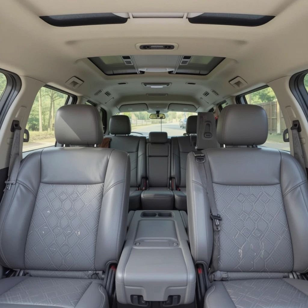 Interior view of a luxury minivan with three rows of gray leather seats and ample headroom.