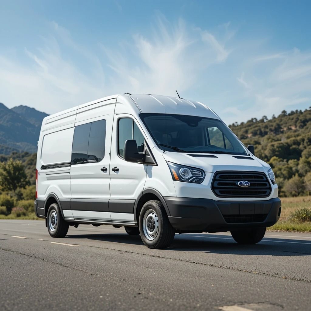 White cargo van parked on a scenic road with mountains in the background on a clear day.