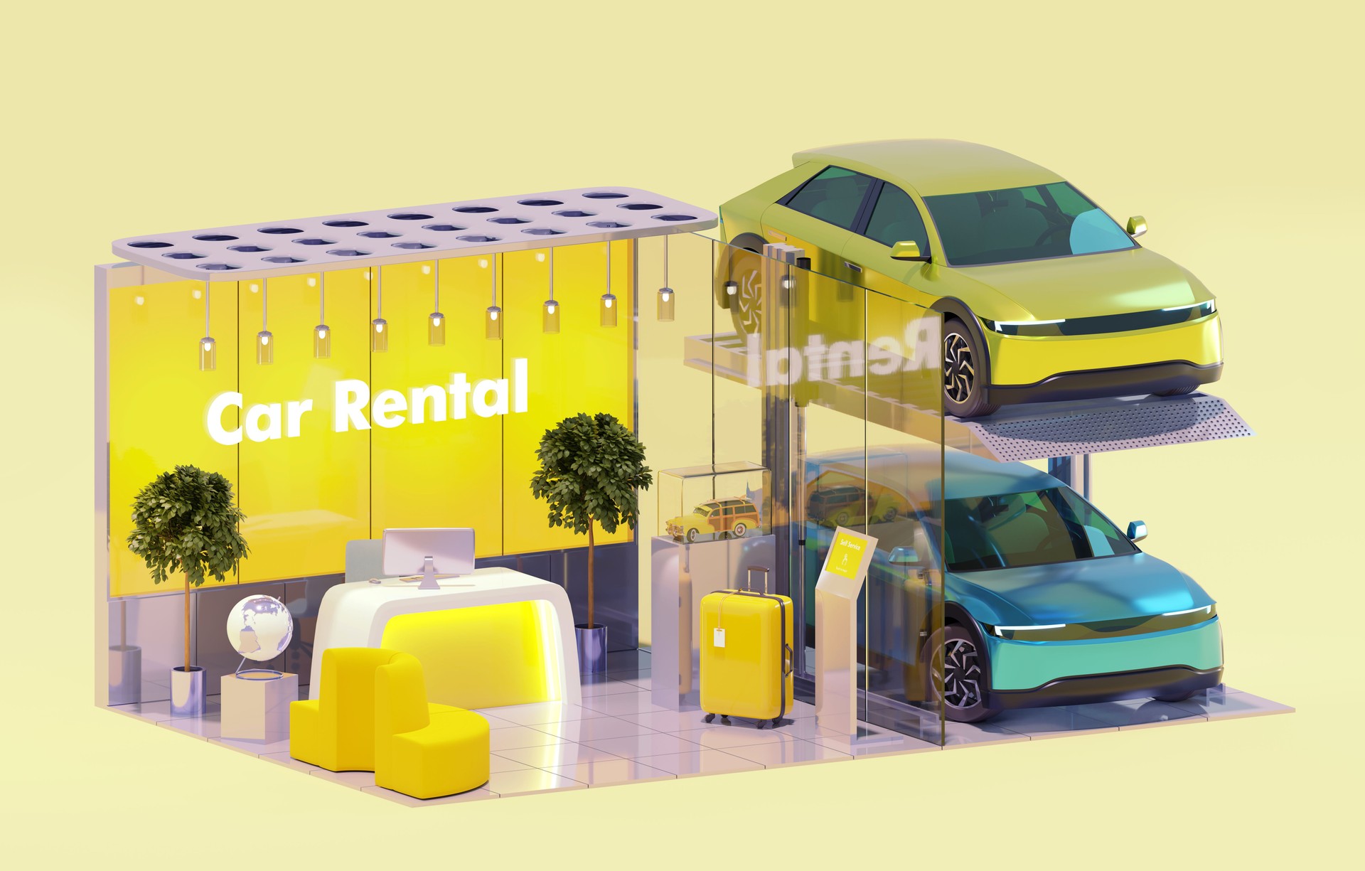 Car rent service office and rental cars